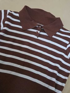 Brown &amp; White Striped Polo Top
