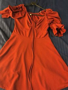 Chic Red Puff Sleeve Drawstring Dress