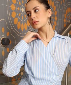 Blue &amp; White Striped Wrap Shirt