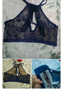 Black Lace Padded Bra with Gold Accents