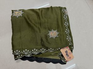 Women Olive Green Heavy Party Wear Saree