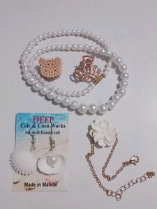 Pearl Necklace & Seashell Earrings Set