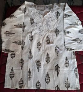 White Kurta with Black Leaf Print