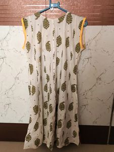 Cream Kurta With mehendi green Block Prints