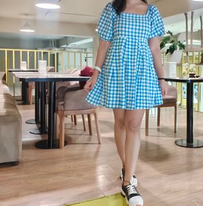 Blue Gingham Puff Sleeve Dress