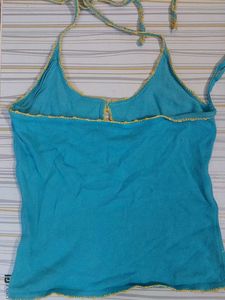 Y2K Aqua Blue Halter Top with Floral Embroidery