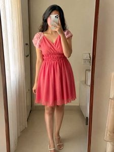 Chic Coral Ruffle Sleeve  mini Dress