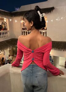 Trendy Pink Off-Shoulder Top with Button Detail