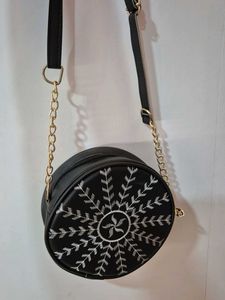Chic Black Round Bag with White Embroidery