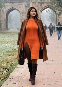Ribbed Knit Dress with High Slit