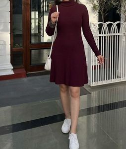 Burgundy Ribbed Turtleneck Dress