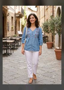 Embroidered V-neck Denim Top