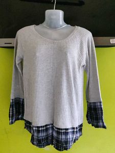 Gray Waffle Knit Tunic with Plaid Trim