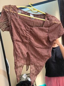 NewMe Sheer Textured Square Brown Neck Top