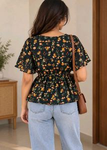 Dark Floral Print V-Neck Top