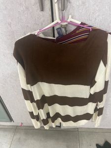 Brown &amp; Cream Striped Tie-Front Sweater