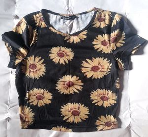 Shein Sunflower Black Fitted Crop Top Girl Xs Tee