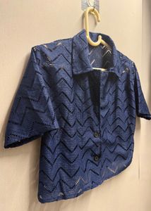 Navy Blue Chevron Patterned Button-Up Top
