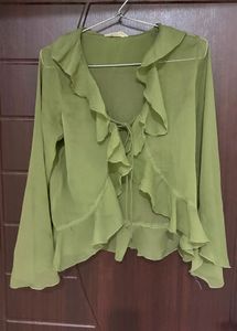 Sheer Ruffle Tie-Front Blouse