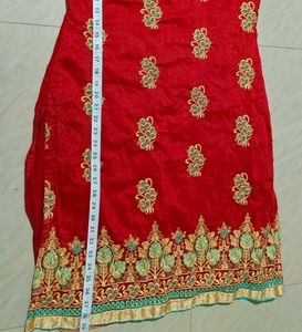 Red Embroidered Churidar Top + Pants