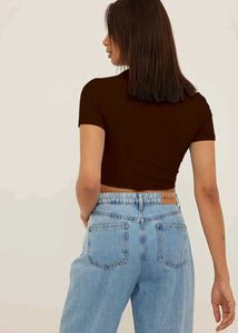 Brown Ribbed Cropped Polo Top