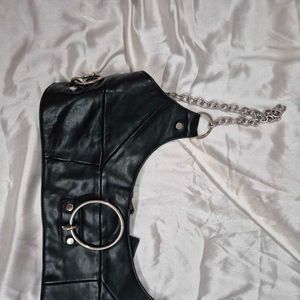 Edgy Black Faux Leather Chain Top / corset belt