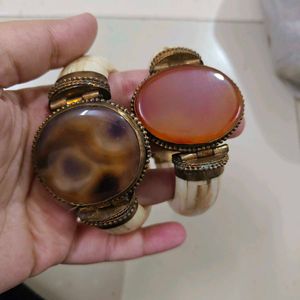 Boho Buffalo Bone Cuff Bangle with Chalcedony 2pc