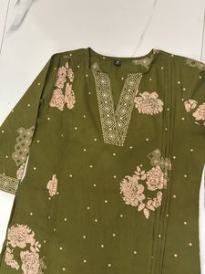 Olive Green Embroidered Kurti Set