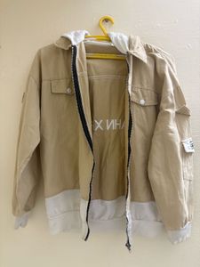 Beige Hooded Casual Jacket