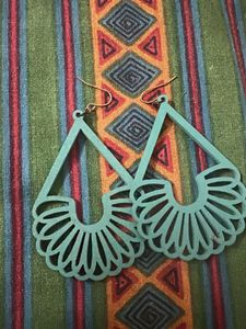 Teal Fan Design Teardrop Earrings
