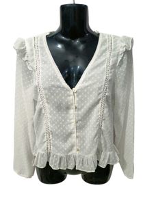 Zara White Ruffled Swiss Dot Shirt Top S/M