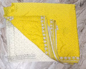 Pretty Yellow Cream Contrast Saree With Stone