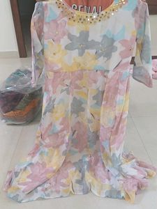 Floral Print Ethnic Gown with Embellished Neckline