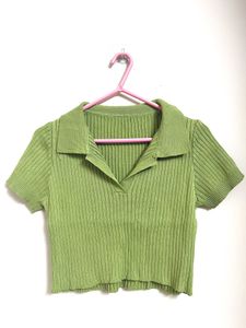 Green Ribbed Polo Crop Top