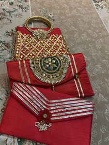 Combo of 3- Heavy Red Golden Clutch with Zari