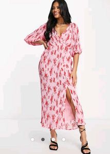 Pink Floral Pleated Midi Dress