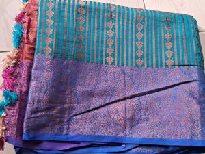 Beautiful Teal &amp; Blue Striped Saree With blouse