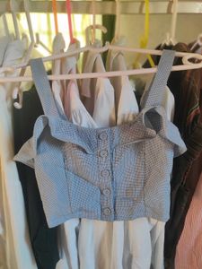 Cute Blue Gingham Button-Up Crop Top
