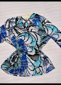 Blue Abstract Print Long Sleeve Top