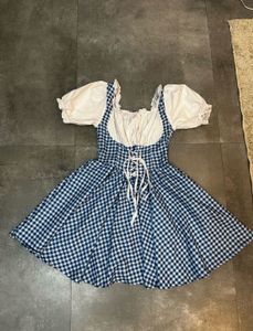 Blue Gingham dress with white puff sleeves