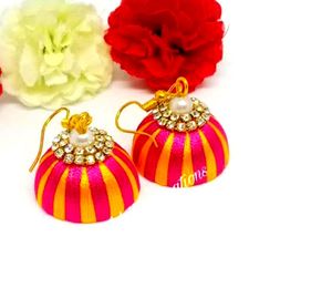 Gold And Pink Silk Thread Earring
