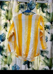 Chic Yellow &amp; White Striped Top with Flower Accent