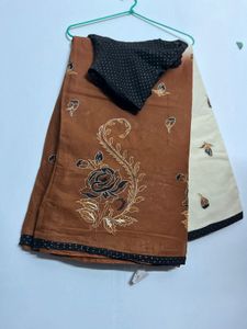 Elegant Brown & Cream Saree with stitched Blouse