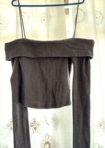 Gray Off-Shoulder Long Sleeve Top