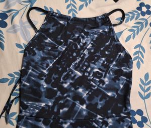 Blue Printed Halter Neck Tie-up Midi Dress
