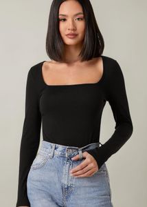 Chic Black Square Neck Long Sleeve Top