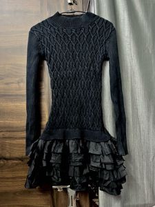 Chic Black Textured Knit Ruffle Dress