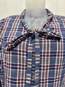 Plaid Button-Up Bow Neck Blouse