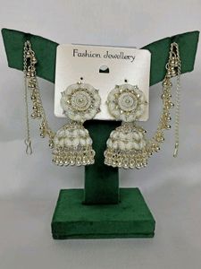 Gold-Plated Dome Shaped Stone Studded Beaded Jhumk