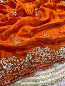 Stunning Orange Embroidered Silk Saree